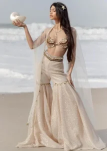 Sharara with a Seashell Detailing Top and a Transparent Cape