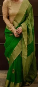 Beige Blouse With Green Saree 