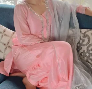 Eid Outfit Minimal Pink Straight Suit with Silver Gota Detailing 