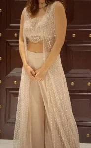 Huge Flared Palazzo Pants With A Crop Top Layered With A Long Shrug For Indian Festivals