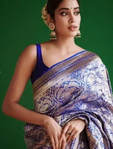 Janhvi Kapoor in Blue Silk Saree with Nude Make Up 