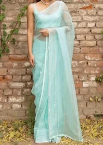 7.Light Weight Transparent Sarees in Pastel Colour for Farewell with Silver Sequins Detailing