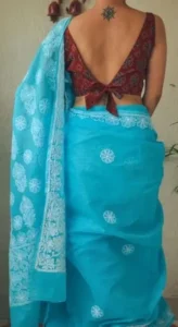 Maroon Printed Blouse With Blue Saree 