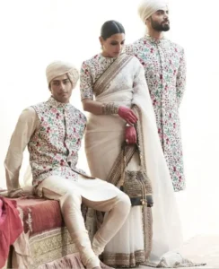 Off White and Floral Combination as Bride Groom Matching Outfits 