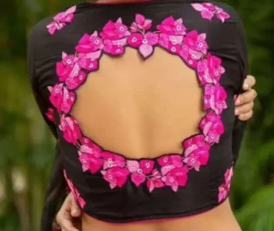 Floral Pattern Cut Out Back Designer Blouse 