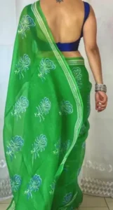 Green Colour Saree With Blue Blouse 