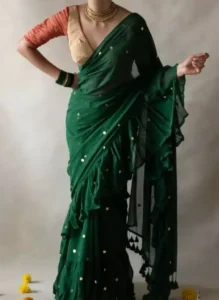 Green Cotton Ruffle Teej Saree Look with Contrast Blouse 