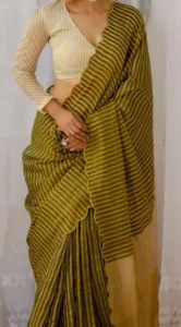 Metallic Green Colour Saree With Cream Blouse 