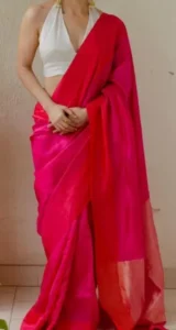 Pink Saree With White Halter Neck Blouse 