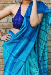 Sky Blue Saree With Dark Blue Blouse 