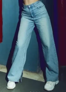 Flared Denim Pants With Side Cut 