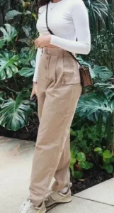 High Waist Khaki Pants with White Solid Crop Top 