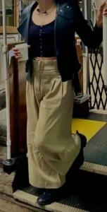 Khaki Pants styled with a Black Leather Jacket 