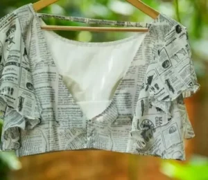 Newspaper Print V Neck Blouse Back Design 