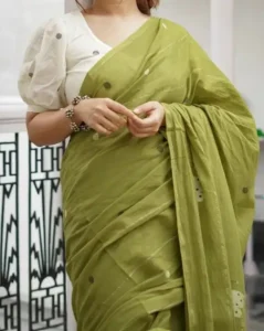 Puff Sleeves White Blouse with Mehendi Green Saree 