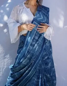 White Shirt Style Chikankari Loose Blouse Paired with Indigo Saree 